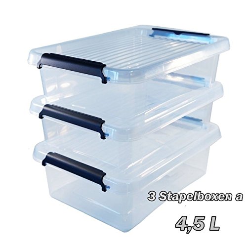 esto24® 3 Stapelboxen im Set. Transparent mit 4,5 Liter und Klemmdeckel