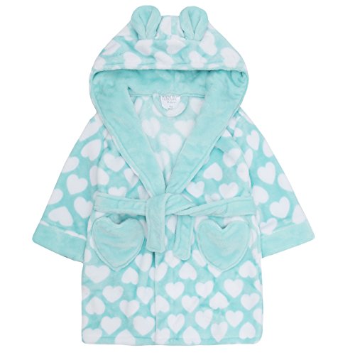 Girls Heart Print Luxury Hooded Fleece Dressing Gown with Ears sizes from 2 to 13 Years