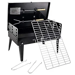 MegaDeal Stainless Steel Portable Briefcase Folding BBQ Grill Toaster, Black