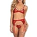 Produktbild 3 pcs Dessous für Damen/Dorical Spitze BH + String +Strümpfe Strapse Set/Reizwäsche Lingerie Babydoll Dessous Blumenmuster Schwarz für alltägliche Nacht Hochzeit Urlaub M-3XL (Weinrot,XL)