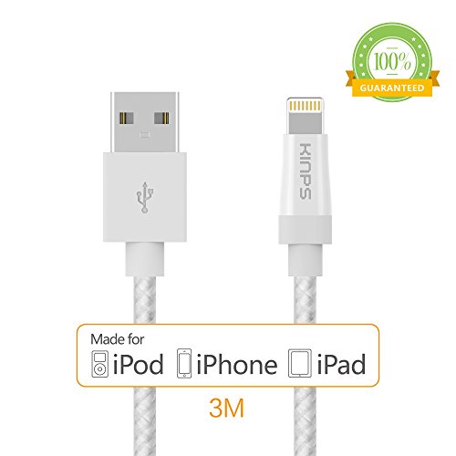 Kinps-[MFI certifié Apple] Câble Lightning vers USB Chargeur 3M Argent Câble en Nylon iPhone charge pour Apple iPhone 7 / 7 Plus/ 6 / 6 Plus / 6s / 6s plus / 5 / 5s / 5c / SE / iPad Pro, Air, iPad mini, iPod nano, iPod Touch et Des Autres Chargeur iPhone (Argent,3M)