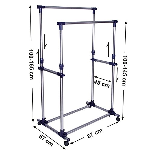 Songmics Doppel Stange Kleiderständer mit Rollen Höhe 100-165 cm, Edelstahl plattierte Rohre LLR03L - 4