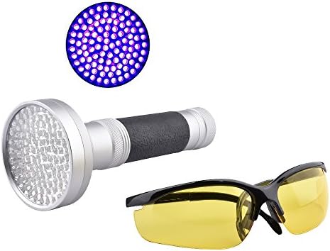 MEAOR 100 LED UV Flashlight Blacklight Torch with UV Safety Glasses Pet Stain Urine Detector for Scorpions, Bed Bugs, Car Freon Leaks, Baby Clothes, Kitchens, Bathroom, Authenticate Currency