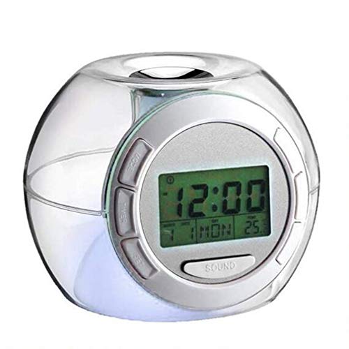 Suxi Reloj Despertador Redondo, Reloj Despertador Digital LED 7 Colores Que cambian los Relojes de Despertador con Temperatura y Reloj Despertador Calendario 1PCS