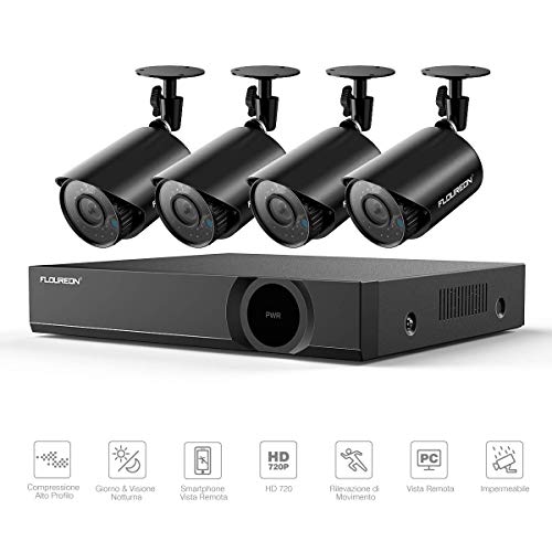FLOUREON Kit Telecamera Videosorveglianza CCTV DVR Kit Videosorveglianza Sistemi Videocamera Sorveglianza Videosorveglianza 5-IN-1 4CH 1080N DVR 4 * 720P Bullet Camera Esterno IP65 Impermeabile