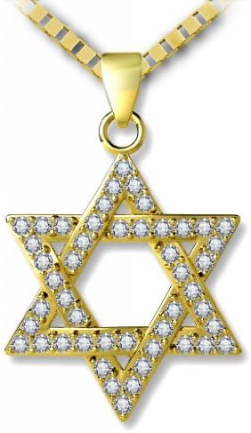Gold Plated Star of David Necklace Jewish Pendant 0.8x0.8" with Pave Set Crystal Cubic Zirconia Gemstones