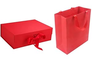 FUN FLORAL FUSIONS Magnetic Gift Box, Large Premium Gift Box, Box and Ribbon for Gifts, Presents, Weddings, Party, Birthday, Size 31 x 22 x 10cm COME WITH MATCHING GIFT BAG. (Red 23cm x 17cm x 7cm)