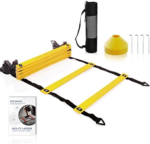Agility Ladder and Cones, VST Speed Training Equipment Exercises Ladder Set (10 Disc Cones, 4 Metal Stakes , Carry Bag and E-book)-Yellow