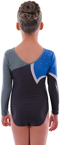Deluxe Edition: 'Adagio' Black Blue & Grey Wave with Diamante Sleeved Gymnastics Leotard