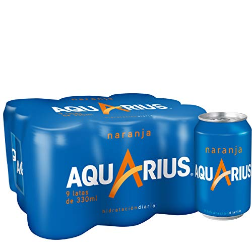 Aquarius - Naranja, Bebida para deportistas, refresco sin gas, 330 ml (Pack de 9), Lata