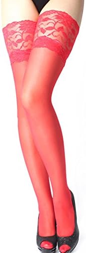 Pinkcream Women's Sexy Floral Lace Top Sheer Stockings Thigh High Over The Knee Stockings (Red)