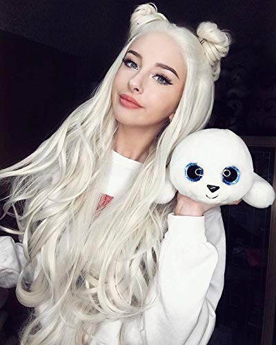 Cosswigs Platinum Blonde Lace Front Wig Glueless Long Wavy Heat Resistant Synthetic Blonde Wigs for Christmas Half Hand Tied #613 24inches
