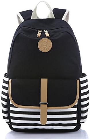 Youtumall Canvas Striped Backpack for Students Teenage Boys'/Girls' Rucksack Traveling Bags Laptop Bag (Black)