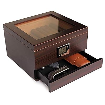 Case Elegance Humidor en cèdre fait à la main avec hygromètre numérique à l'avant, solution d'humidificateur et tiroir à accessoires pour 25 à 50 cigarettes