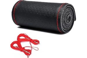 FM2018XSL Funda Volante Coche,Universal 36-40 cm Cubierta Volante de Cuero de Vacuno para automóvil,Cubierta Protectora del Volante con Aguja e Hilo, Elegante y Transpirable(Color Negro,Hilo Rojo)