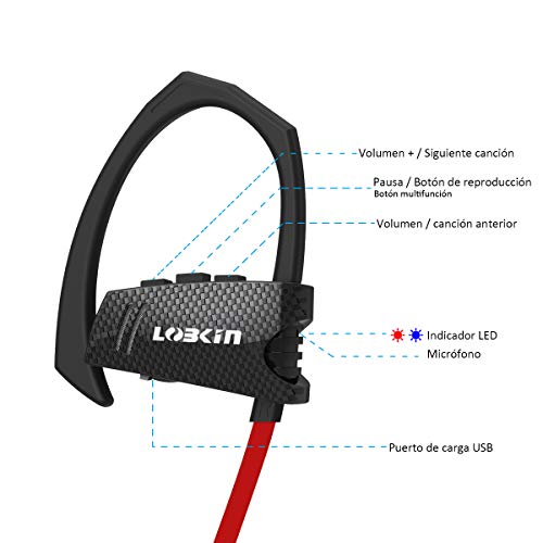 LOBKIN Auriculares inal  mbricos deportivos Bluetooth resistente al sudor IPX4 Fijaci  n estable en la oreja Cascos ergon  micos auricular con gancho para el o  do eliminaci  n de ruido cascos 6 horas de funcionamiento con micr  fono para running  entrenamiento  Gym  rojo 