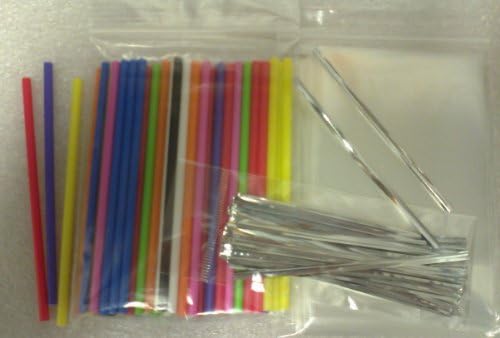 50 x 114mm (4.5") Mixed Colour Plastic Cake Pop Lollipop Kit Includes Cello Bags & Your Choice of Twist Ties (Silver Twist Ties)