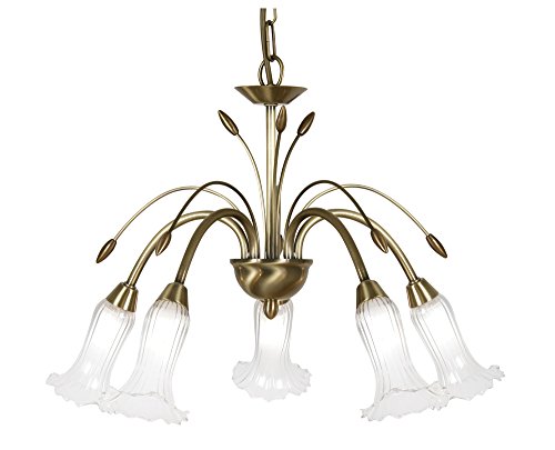 Oaks Lighting 3128/5 AB Sadon Ceiling Fitting in Antique Brass Finish Complete with Opal Tulip Glass Shades