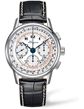 Longines Heritage Tachymeter Herren Automatik Uhr mit weißem Zifferblatt Chronograph-Anzeige und schwarzes Lederband...