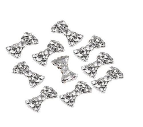 BeautyLife Rhinestones Bow Tie 3D Alloy Nail Art Slices Glitters DIY Decorations (20 Pcs Silver Rhinestones Bow Tie)