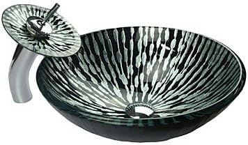 TY Stripe Pattern Tempered Glass Bathroom Sink Set (with Waterfall Faucet, Mounting Ring and Water Drain)