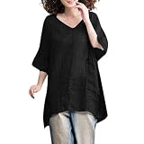 Yvelands Damen T-Shirts Casual Bluse Leinen Solide Shirt Boho Bequeme Lose Taschen Tops(Schwarz,S)