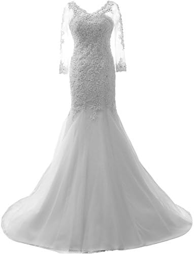 JAEDEN Lace Appliqued Beading Wedding Dresses Mermaid Bridal Gown with Long Sleeves White US10