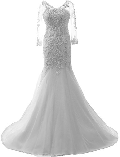 JAEDEN Lace Appliqued Beading Wedding Dresses Mermaid Bridal Gown with Long Sleeves White US10