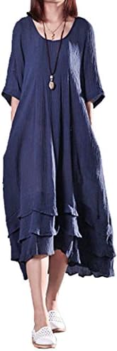 Gearia Women Vintage Linen Crewneck Irregular Hem Loose Casual Baggy Maxi Long Dress Navy Blue