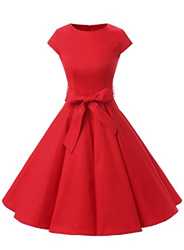 Dressystar DS1956 Robe à 'Audrey Hepburn' Classique Vintage 50's 60's Style à Mancheron Rouge M