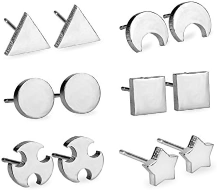6 Pairs Anti-allergic Stainless Steel Start,Moon,Triangle Square And Round Cute Shape Piercing Stud Earrings for Women/Girls, Black/Gold/ Silver.