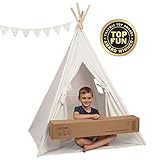 Tente de tipi en toile pour enfants blanc, 100% coton de qualité supérieure avec poteaux en bois massif et drapeaux amusants - 2 enfants, intérieur ou extérieur, garçons et filles, tipi de jeu pliable