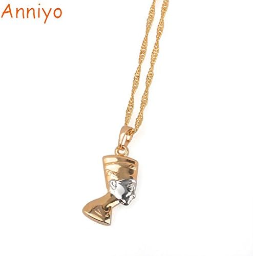 Anniyo Small Ancient Egyptian Queen Pendant Necklace for Women Gold/Silver Color Egypt Nefertiti Head Portrait Jewelry #047904