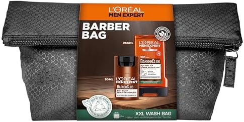 L'Oréal Men Expert Set per la cura della barba da uomo, set regalo con crema viso, gel doccia e beauty case, regali da uomo con olio di legno di cedro, Barber Club, 1 x 50 ml, 1 x 250 ml