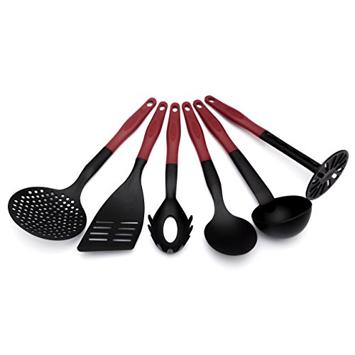 6 tlg. Küchenhelfer Set schwarz / rot Hitzebeständig Kunststoff bis zu 260 °C mit Pfannenwender Spaghettilöffel Kartoffelstampfer Service Löffel Suppenkelle und Schaumkelle . Spülmaschinenfest - 2