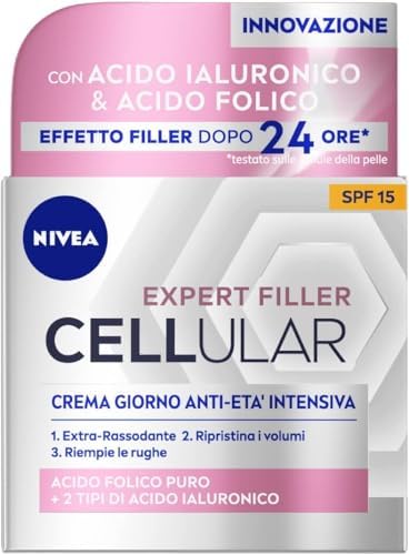 NIVEA CELLULAR EXPERT FILLER Crema Giorno Anti-Età Intensiva SPF 15 50ml, Crema viso antirughe rassodante, Crema viso Acido Ialuronico e Acido Folico Puro, Crema idratante viso anti-age