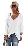  Mikos* Las Mujeres de Manga Larga de Punto Jersey Suéter Suelto Cuello en V Jumper Tops de Punto (617) (Blanco)