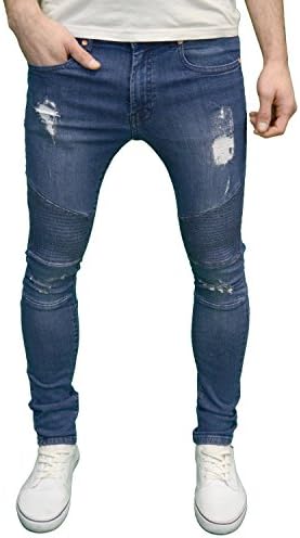 Stone Edge Mens Designer Branded Stretch Super Skinny Fit Ripped &amp; Biker Jeans (30W x 32L, Stonewash)