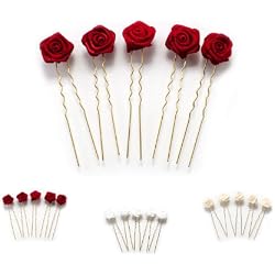 5 horquillas con rosas - accesorios para el cabello - para cabello plano - oro - Rojo Burdeos