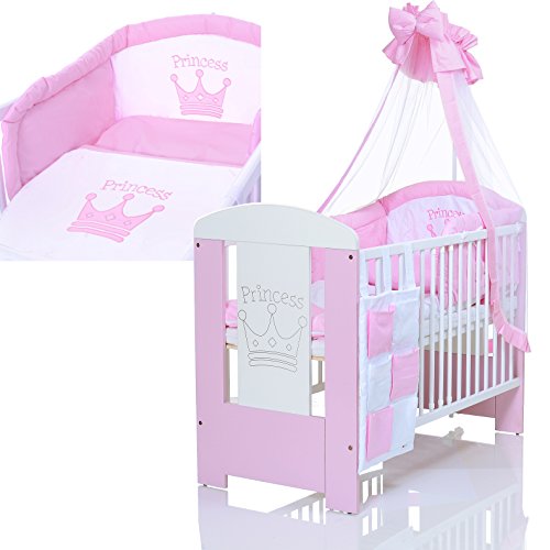 Baby Cot PRINCESS 120x60 maden of wood incl. foam mattress and 9 pieces bedding complete set