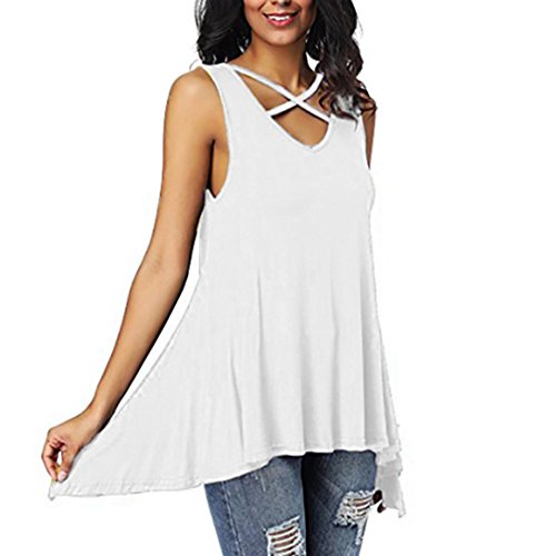KaloryWee Women Criss Cross Front V Neck Sleeveless Irregular Hanky Hem T-Shirt Blouse Tops
