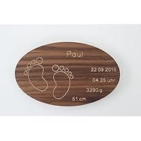 Geburtsteller mit Gravur aus Holz Taufteller mit Namen Datum Füßchen Baby Taufgeschenk zur Geburt Taufe personalisiert individuell Taufpate: Nussbaum