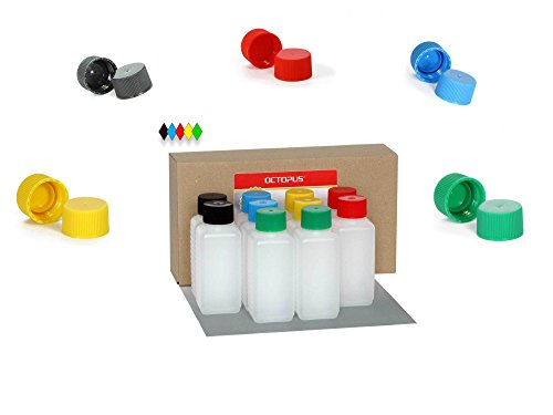 10 x 100 ml Kunststoffflaschen, Plastikflaschen aus HDPE mit unterschiedlich farbigen Deckeln in schwarz, blau, rot, gelb und grün - 2