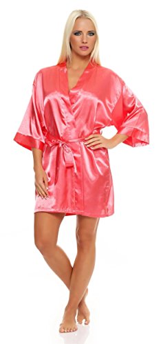 Damen Morgenmantel kurzer Kimono aus Satin-Optik in 17 Farben Bademantel Nachtwäsche Nachtmantel Seidenrobe Gr. S-XL
