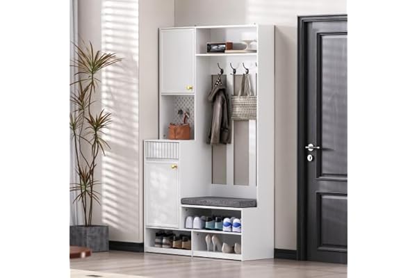 Hallgarderob med sittbänk och lådor – 6-i-1 garderobsskåp med spegel och hålvägg – byrå, hall i vitt – skoskåp med sittbänk för smal planka, inkl. tippskydd (100 x 35 x 180 cm)
