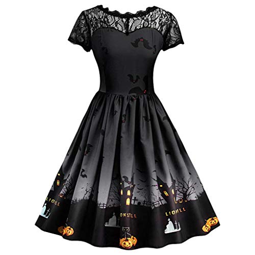 DEELIN Femmes Halloween Party Retro Manches Courtes Une Ligne Robe Dentelle Patchwork Fairy Tale Vintage Dress