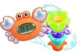 Termómetro digital para baño y dormitorio, hace que la hora del baño sea divertida y educativa, incluye 4 tazas de animales de baño de colores que son divertidas para vincular, apilar y verter agua