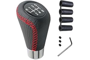 Juttzzei Car Gear Shift Knob, Universal 6 Speed Gear Knob, Manual Gear Stick Knob, Leather Gear Stick Shift Cover with 4 Adapters 8mm 10mm 11mm 12mm for Manual Automotive Vehicles - Red Stitching