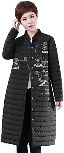 Women Warm Lightweight Down Jacket Embroidery Flower Long Sleeve Button Pocket Puffer Coats Windproof Parkas . Black . Xl