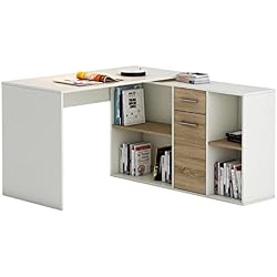 IDIMEX Bureau d'angle Carmen Table avec Meuble de Rangement intégré et modulable avec 4 étagères 1 Porte et 1 tiroir, décor Blanc Mat et chêne Sonoma